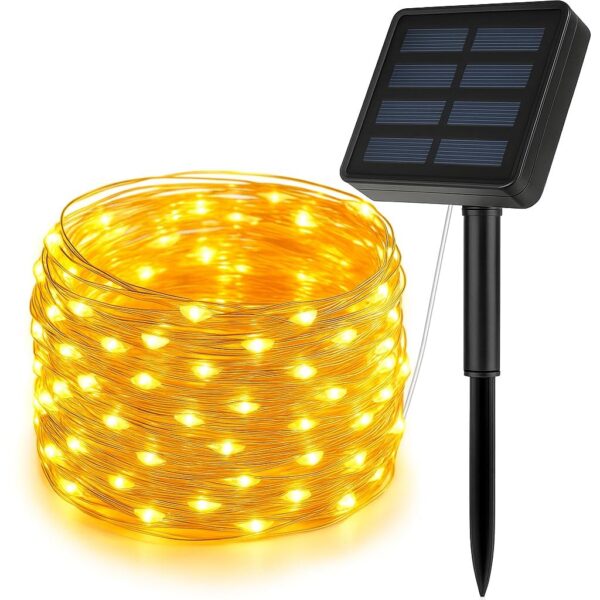 Solar String Lights Outdoor 100 LED 33FT Warm White Waterproof Copper Wire Fairy Lights with Solar Panel, 8 Lighting Modes Auto On/Off for Garden, Patio, Balcony, Wedding, Party, Festival Decoration