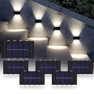 Solar Wall Light 8 LED Exterior Porch Lights Fence Fixture Deck Patio Decor Water Resistant Modern Sconce for Outdoor Backyard Garden (Warm Yellow) (2)