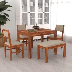 Solid Sheesham Wood 4 Seater Dining Table Set | 45 Inch Length Four Seater Dinner Table with 3 Cushions Chairs & 1 Bench | Dinning Table Set 4 Seater for Living Room | Honey