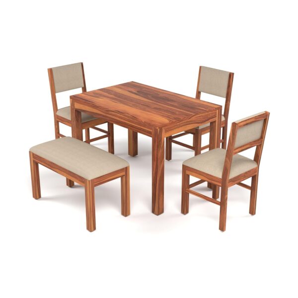 Solid Sheesham Wood 4 Seater Dining Table Set | 45 Inch Length Four Seater Dinner Table with 3 Cushions Chairs & 1 Bench | Dinning Table Set 4 Seater for Living Room | Honey