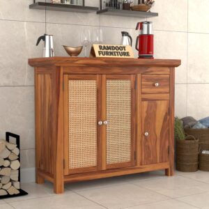 Solid Sheesham Wood Sideboard Cabinet for Living Room | Wooden Storage Cabinet with 2 Cane Doors, Drawer & Cabinet | Sideboard Cabinet for Home & Hallway | B-Honey