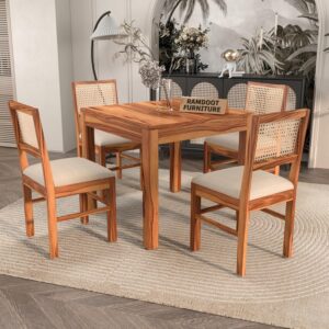 Solid Wood Cane 4 Seater Dining Table Set | Four Seater Dining Table with 4 Cushions Chairs for Dining Room | 4 Seater Dining Set for Hotel Restaurant | Sheesham, G-Honey