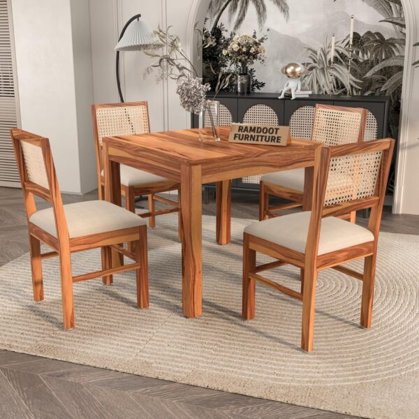 Solid Wood Cane 4 Seater Dining Table Set | Four Seater Dining Table with 4 Cushions Chairs for Dining Room | 4 Seater Dining Set for Hotel Restaurant | Sheesham, G-Honey