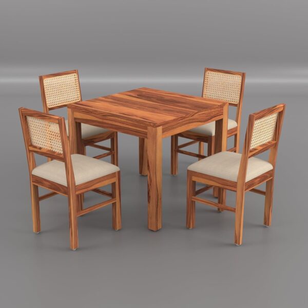 Solid Wood Cane 4 Seater Dining Table Set | Four Seater Dining Table with 4 Cushions Chairs for Dining Room | 4 Seater Dining Set for Hotel Restaurant | Sheesham, G-Honey
