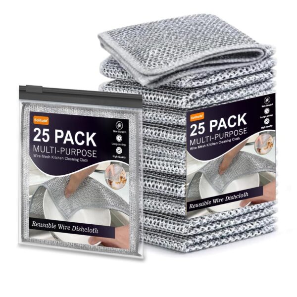 Solitude 25 Pack Non-Scratch Wire Dishcloth, Steel Scrubber for Utensils Cleaning, Multipurpose Wet and Dry Cleaning Dish Wash Cloth Scrubber for Washing Dishes, Sinks, Counters