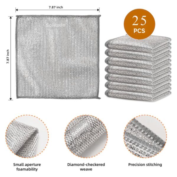 Solitude 25 Pack Non-Scratch Wire Dishcloth, Steel Scrubber for Utensils Cleaning, Multipurpose Wet and Dry Cleaning Dish Wash Cloth Scrubber for Washing Dishes, Sinks, Counters