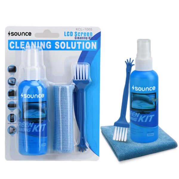 Sounce 3 in 1 Cleaning Set for Screen PC, Laptops, Sounce 3 in 1 Cleaning Set for Screen PC, Laptops, Monitors, Mobiles, LCD, LED, TV/Professional Quality/Prevents Static Electricity, 100ml with Micro Fiber Cloth and Soft Brush
