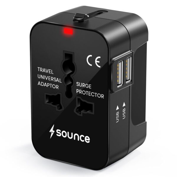 Sounce WorldMate 80W Universal Travel Adapter All in One International Sounce WorldMate 80W Universal Travel Adapter All in One International Travel Plug for 150+ Countries (US/UK/EU/AU), Dual USB 2.4A Fast Charging, Built-in Safety Fuse, Compact Worldwide Charger