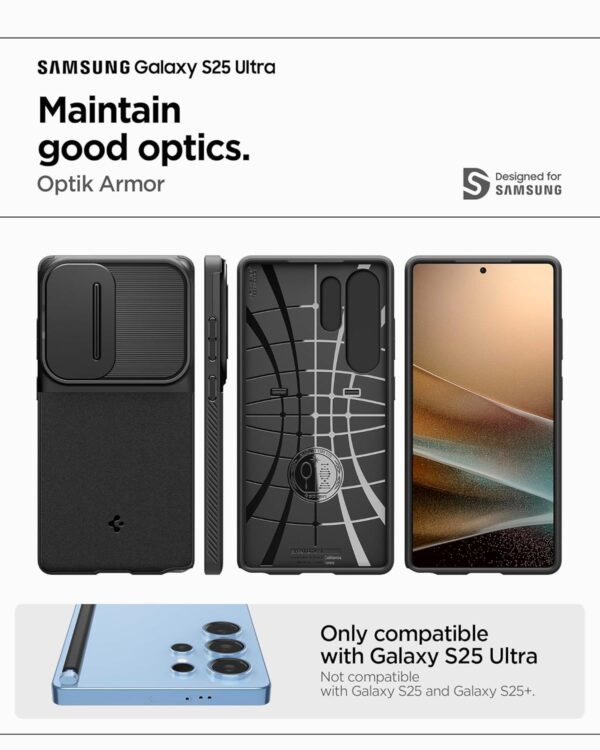 Spigen Optik Armor | Samsung Galaxy S25 Ultra Case [Camera Protection][Air Cushion Protection] Galaxy S25 Ultra Back Cover | TPU+PC - Black