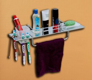Squaro Premium Stainless Steel 5 In 1 Multipurpose Shelf/Shelves/Towel Rod Hanger/Tumber Holder/Toothbrush Stand/Soap Dish/All In One Bathroom Accessories (18 Inch)
