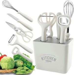 Stainless Steel 6-Piece Kitchen Gadgets Set, Kitchen Scissors, Kitchen Utensils Set with Holder, Paring Knife, Whisk, Bottle Opener, Peeler- Anti-Slip Handle, Decorative Base,