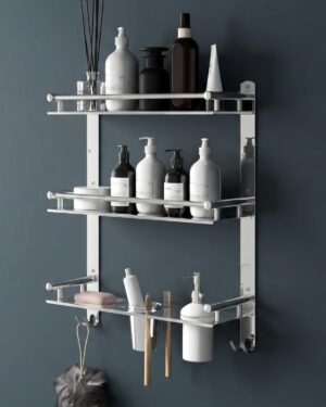 Stainless Steel 6-in-1 3-Tier Bathroom Shelf Rack with Soap Dish, Toothbrush Holder, Tumbler & Liquid Soap Dispenser (Silver Chrome, 18x16 Inch)