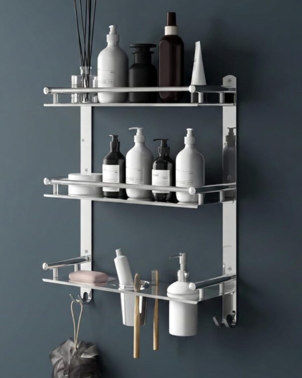 Stainless Steel 6-in-1 3-Tier Bathroom Shelf Rack with Soap Dish, Toothbrush Holder, Tumbler & Liquid Soap Dispenser (Silver Chrome, 18x16 Inch)