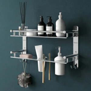 Stainless Steel 6-in-1 Bathroom 2-Tier Shelf Rack with Soap Dish, Toothbrush Holder, Tumbler & Liquid Soap Dispenser (Silver Chrome, 16x10 Inch)