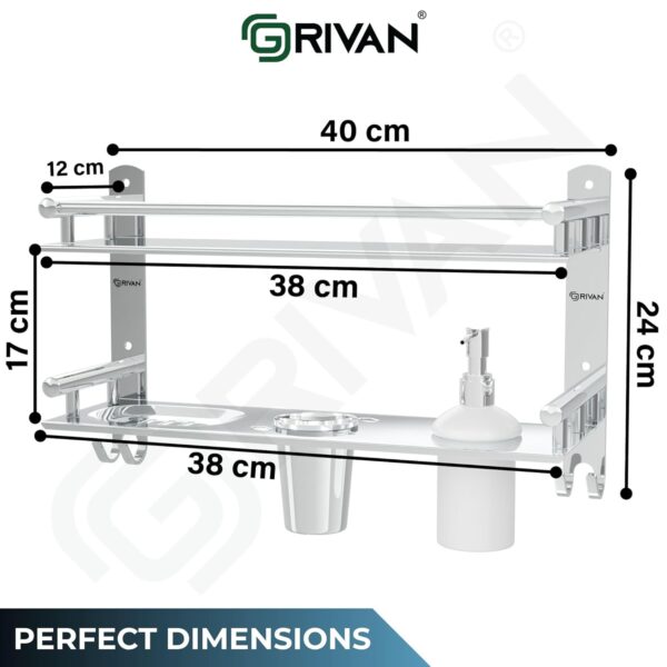 Stainless Steel 6-in-1 Bathroom 2-Tier Shelf Rack with Soap Dish, Toothbrush Holder, Tumbler & Liquid Soap Dispenser (Silver Chrome, 16x10 Inch)