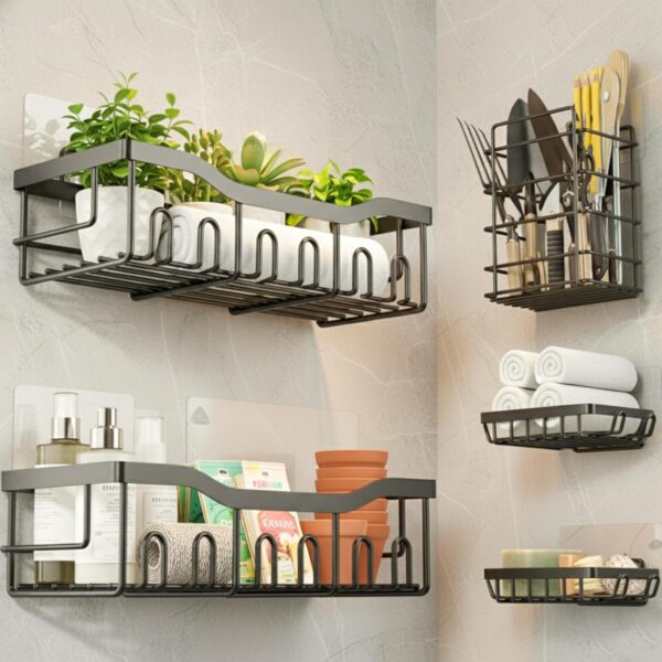 Stainless Steel Bath Organizers With Large Capacity Organizer Combo Racks and Shelves for Wall Stand for Bathroom Without Drill Soap Holder with Tooth Brush Holder Bathroom Accessories (Pack of 5)