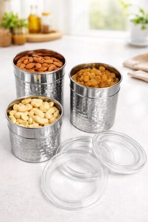 Stainless Steel Hammered Utility Container (Set of 3) | Steel Container with See Through Lid | Kitchen Canister Set for Tea Coffee Sugar Dry Fruits, Food Grade Steel (400ml 600ml 800ml)