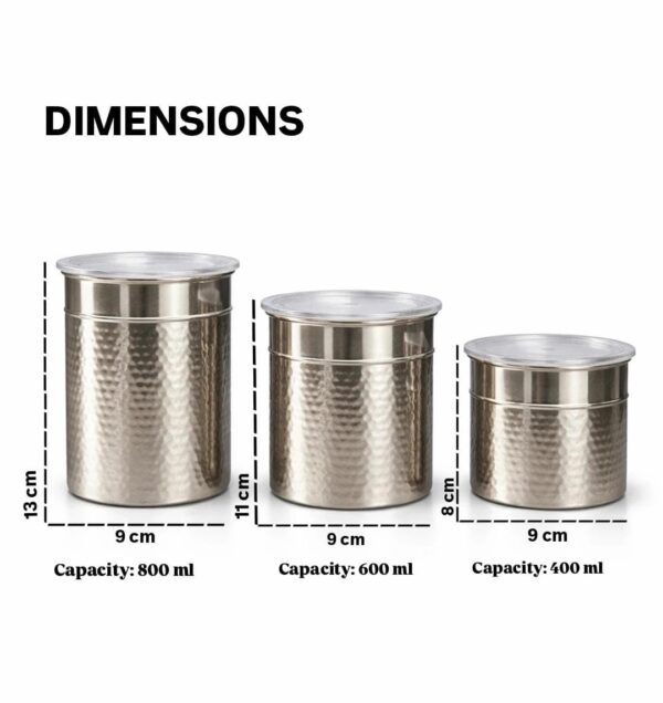 Stainless-Steel-Hammered-Utility-Container-Set-of-3-Steel-Container-with-See-Through-Lid-Kitchen-Canister-Set-for-Tea-Coffee-Sugar-Dry-Fruits-Food-Grade-Steel-400ml-600ml-800ml.jpg Stainless Steel Hammered Utility Container (Set of 3) | Steel Container with See Through Lid | Kitchen Canister Set for Tea Coffee Sugar Dry Fruits, Food Grade Steel (400ml 600ml 800ml)