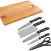 Stainless Steel Kitchen 5-Pcs Knife Set with Wooden Chopping Board & Scissor Vegetable & Meat Cutting (Set of 5 + 1 Chopper Board)