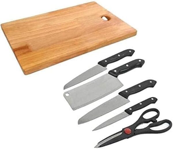 Stainless Steel Kitchen 5-Pcs Knife Set with Wooden Chopping Board & Scissor Vegetable & Meat Cutting (Set of 5 + 1 Chopper Board)