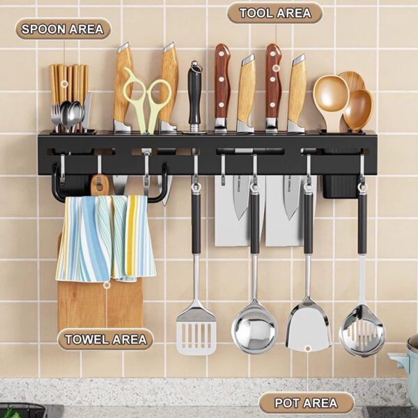 Stainless Steel Kitchen Kitchen Shelf Wall Mount Knife Holder,Towel Hanger, Spatula Ladle Hanging Hooks, Cutlery Holder Storage Rack High Grade Metal Multi-Purpose40 X 5.5 X 7.4 Cm