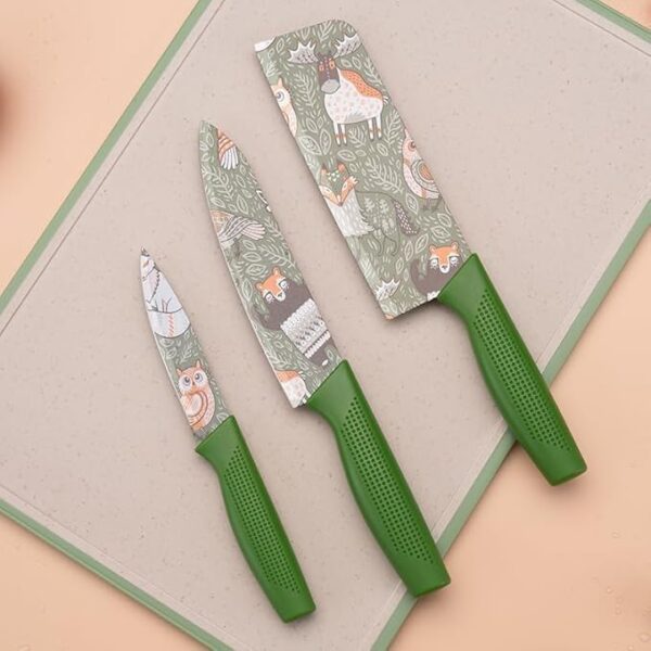 Stainless Steel Knife Set - 3-Piece Chef, Utility & Paring Blades with Anti-Slip Handles & Color Coating | Sharp Kitchen Knives for Slicing, Dicing, Chopping (Dark Green)