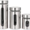 Stainless Steel Plated Glass Kitchen Canister, Airtight Food Storage, Visible Window, Tea Coffee & Sugar Container - Silver Window Canister (Pack of 3)