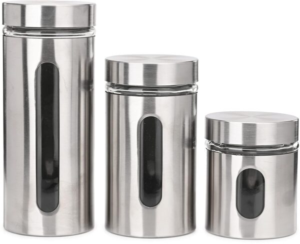 Stainless Steel Plated Glass Kitchen Canister, Airtight Food Storage, Visible Window, Tea Coffee & Sugar Container - Silver Window Canister (Pack of 3)