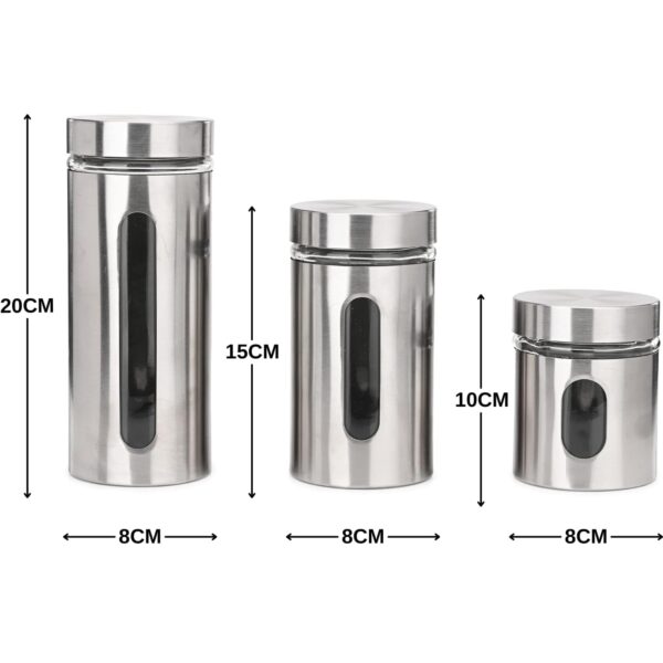 Stainless Steel Plated Glass Kitchen Canister, Airtight Food Storage, Visible Window, Tea Coffee & Sugar Container - Silver Window Canister (Pack of 3)