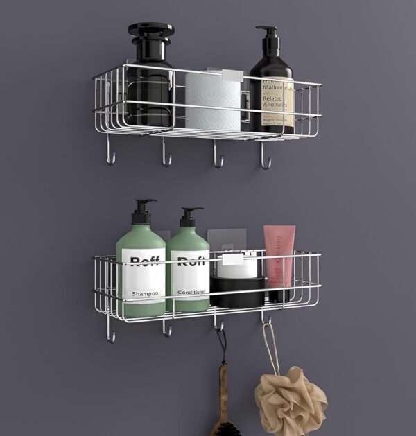 Stainless Steel Self Adhesive Bathroom Shelf with 4 Hooks for Stainless Steel Self Adhesive Bathroom Shelf with 4 Hooks for Wall/Shelf Organizer/Kitchen Shelf with Magic Stickers, Saving Wall Mounted Bathroom Shelf, Pack of 2, Chrome