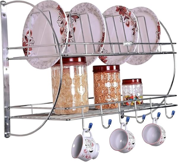 Stainless Steel Wall-Mounted 2-Tier Kitchen Dish Rack Rust-Resistant Dish Drainer Stainless Steel Wall-Mounted 2-Tier Kitchen Dish Rack Rust-Resistant Dish Drainer with 12 Plate Holders, 6 Hooks, Removable Drip Tray, Space-Saving Organizer for Plates, Bowls,Kitchen Tools
