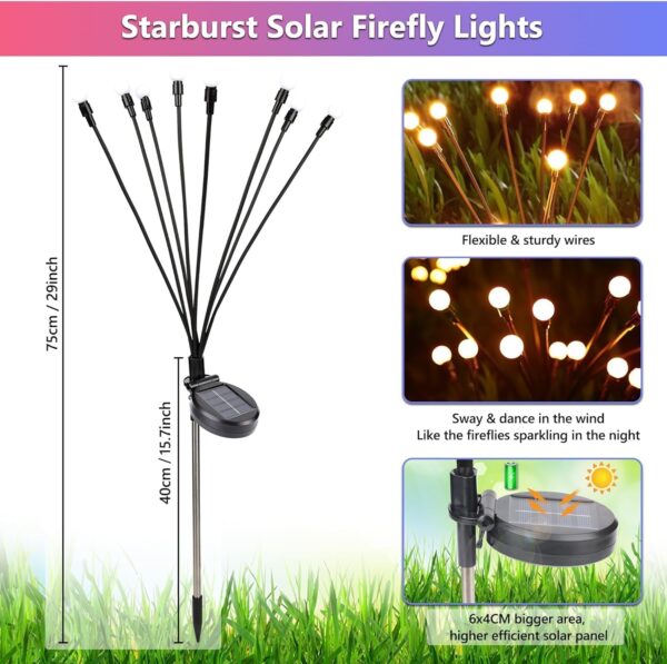 Starburst Swaying Solar Garden Lights - 8 LED Firefly Decorative Outdoor Lamps, IP65 Waterproof Warm White Path Lighting, Solar Powered Flickering Swings for Patio & Lawn (Pack of 1)