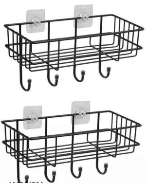Steel Self-Adhesive Multipurpose Bathroom Shelf with Hooks/Towel Holder/Rack/Bathroom Accessories - Wall Mount - Pack of 2 (Black,|Design - for home and kitchen