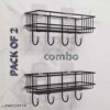 Steel Self-Adhesive Multipurpose Bathroom Shelf with Hooks/Towel Holder/Rack/Bathroom Accessories - Wall Mount - Pack of 2 (Black,|Design - for home and kitchen