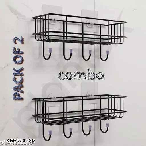 Steel Self-Adhesive Multipurpose Bathroom Shelf with Hooks/Towel Holder/Rack/Bathroom Accessories - Wall Mount - Pack of 2 (Black,|Design - for home and kitchen