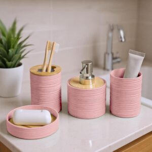 Story@Home 4 Pieces Bathroom Accessories Set | Toothbrush Holder, Soap Dispenser, Mouth Wash Cup & Soap Dish for Home Kitchen & Bathroom | Bathroom Essentials for Office - Peach