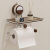 Suction Cup Toilet Paper Holder with Shelf in Bathroom | Towel & Bottle Rack for Bathroom | Towel Hangers | Self Adhesive Suction Heavy Duty, Accessories Set for Bath | Walnut Color
