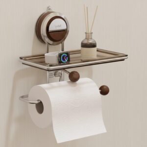 Suction Cup Toilet Paper Holder with Shelf in Bathroom | Towel & Bottle Rack for Bathroom | Towel Hangers | Self Adhesive Suction Heavy Duty, Accessories Set for Bath | Walnut Color