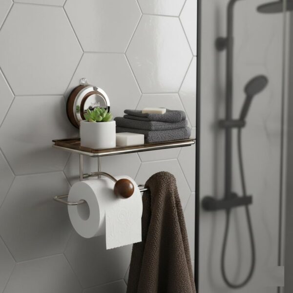 Suction Cup Toilet Paper Holder with Shelf in Bathroom | Towel & Bottle Rack for Bathroom | Towel Hangers | Self Adhesive Suction Heavy Duty, Accessories Set for Bath | Walnut Color