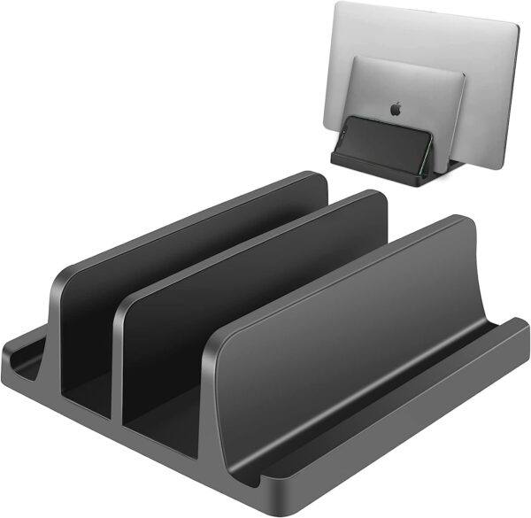 TARKAN Vertical Laptop Holder | 2-Slot Desk Space Saving Organizer TARKAN Vertical Laptop Holder | 2-Slot Desk Space Saving Organizer Stand Fits All Laptop Sizes (ABS, Black)