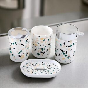 The Better Home Bathroom Accessories Set | 4 Piece Terrazzo Design | Soap Dispenser Tooth Brush Holder Mouth Wash Cup Soap Dish | for Bathroom | Attractive and Stylish | Multicolor | Pack of 4