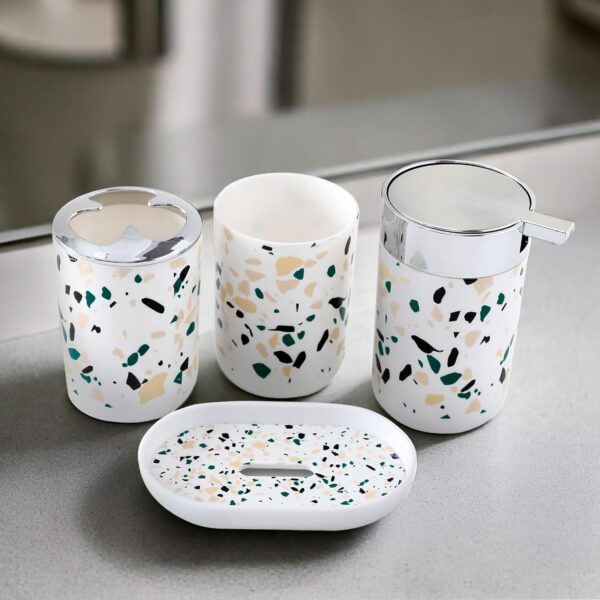 The Better Home Bathroom Accessories Set | 4 Piece Terrazzo The Better Home Bathroom Accessories Set | 4 Piece Terrazzo Design | Soap Dispenser Tooth Brush Holder Mouth Wash Cup Soap Dish | for Bathroom | Attractive and Stylish | Multicolor | Pack of 4