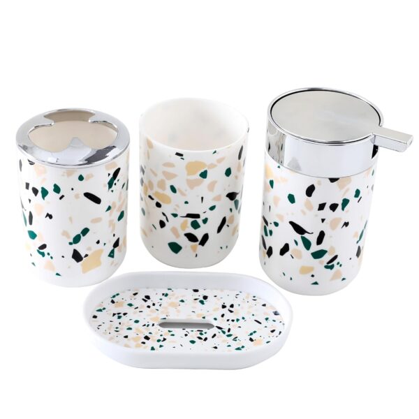 The-Better-Home-Bathroom-Accessories-Set-4-Piece-Terrazzo-Design-Soap-Dispenser-Tooth-Brush-Holder-Mouth-Wash-Cup-Soap-Dish-for-Bathroom-Attractive-and-Stylish-Multicolor-Pack-of-4.jpg The Better Home Bathroom Accessories Set | 4 Piece Terrazzo Design | Soap Dispenser Tooth Brush Holder Mouth Wash Cup Soap Dish | for Bathroom | Attractive and Stylish | Multicolor | Pack of 4