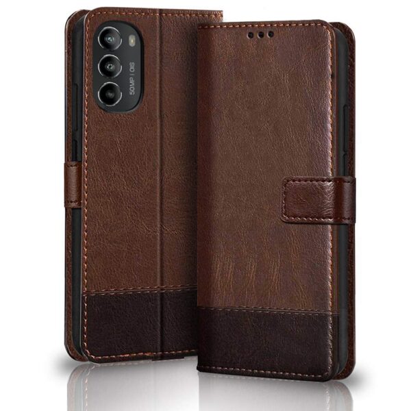 TheGiftKart Flip Back Cover Case for Motorola Moto G52 / TheGiftKart Flip Back Cover Case for Motorola Moto G52 / G82 5G | Dual-Color Leather Finish | Inbuilt Stand & Pockets | Wallet Style Flip Back Cover for Moto G52 / G82 (Faux Leather, Brown & Coffee)