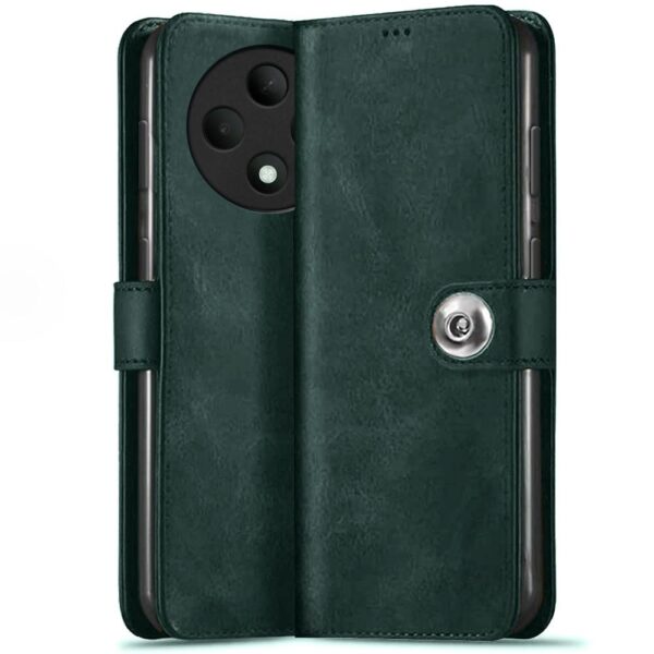 TheGiftKart Flip Cover Back Case for Oppo F27 5G | TheGiftKart Flip Cover Back Case for Oppo F27 5G | Genuine Leather Finish | Designer Button | Inbuilt Pockets & Stand | Wallet Style Flip Back Cover Case for Oppo F27 5G (Faux Leather, Green)