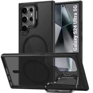 TheGiftKart Hybrid Shockproof Back Cover Case for Samsung Galaxy S24 TheGiftKart Hybrid Shockproof Back Cover Case for Samsung Galaxy S24 Ultra 5G | Hard Case for Samsung S24 Ultra (PC & TPU, MagSafe Compatible, Built-in Stand, Translucent Smoke Back, Black Sides)