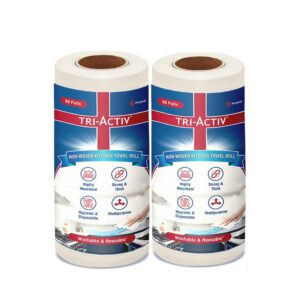 Tri-Activ Washable & Reusable Kitchen Towel Roll | 80 Pulls per Roll, 160 Sheets Pack of 2 | Highly Absorbent Kitchen Tissue Roll | Non Woven Fabric | Better alternative to Paper Tissue Roll | White