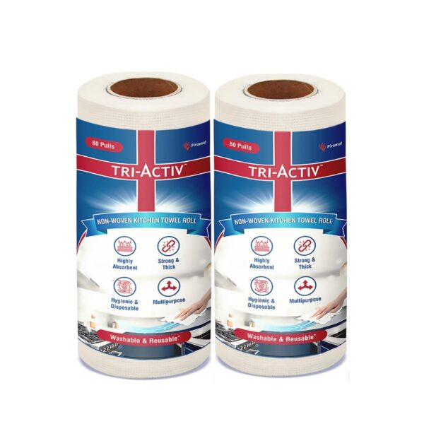 Tri-Activ Washable & Reusable Kitchen Towel Roll | 80 Pulls per Roll, 160 Sheets Pack of 2 | Highly Absorbent Kitchen Tissue Roll | Non Woven Fabric | Better alternative to Paper Tissue Roll | White