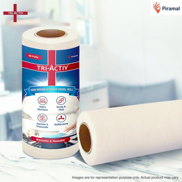 Tri-Activ Washable & Reusable Kitchen Towel Roll | 80 Pulls per Roll, 160 Sheets Pack of 2 | Highly Absorbent Kitchen Tissue Roll | Non Woven Fabric | Better alternative to Paper Tissue Roll | White