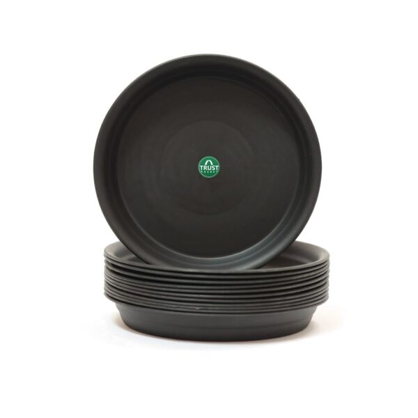 TrustBasket UV Treated Round Bottom Tray/Plate/Saucer Suitable for 10 inch TrustBasket UV Treated Round Bottom Tray/Plate/Saucer Suitable for 10 inch Round Plastic Pot (Black Color) - Set of 12 | Heavy Duty Durable Plant saucerGamla for Indoor & Outdoor Balcony Garden